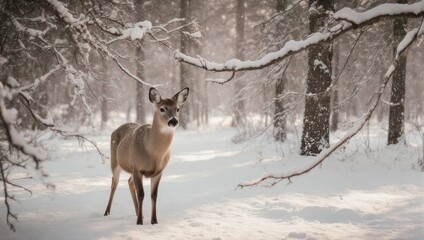 A deer stands alert in a snow-covered forest, framed by snow-laden branches