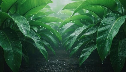 Lush Green Leaves Adorned with Sparkling Raindrops Capture the Beauty of Nature