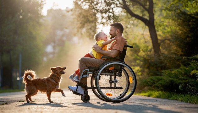 Father wheelchair user bonding with child in park joyful outdoor accessibility family support playful moment sunlight green trees happy dog inclusive lifestyle - Powered by Adobe