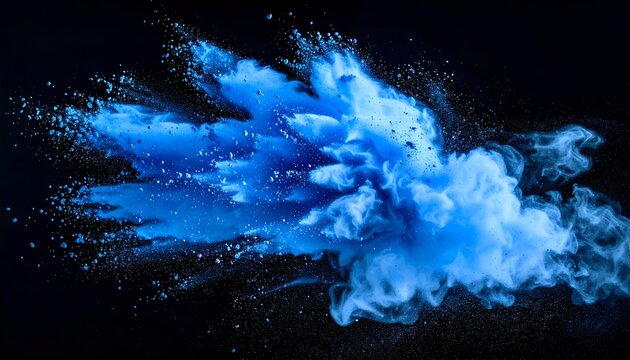 A vivid blue powder cloud erupts dramatically against a stark, black backdrop