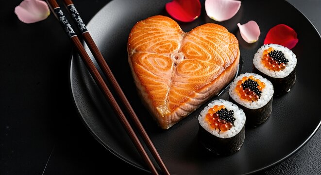 Heart-shaped salmon fillet on a black plate, surrounded by sushi rolls and rose petals, creating a romantic dining experience for Valentine's Day celebration