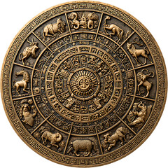 Naklejka premium Ornate Golden Zodiac Wheel with Astrological Symbols and Sun in Center. Intricate Metalwork. Isola