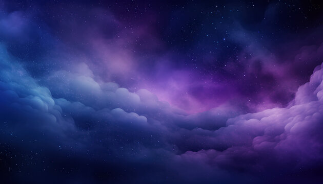 Purple and indigo gradient clouds with tiny star like particles create dreamy, ethereal night sky, evoking sense of wonder and tranquility in cosmic, nebulous atmosphere