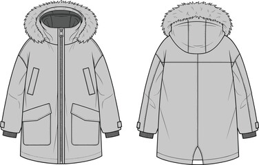 Technical fashion flat sketch of winter parka coat with fur hood, front and back view, CAD drawing, vector illustration, garment design © Hey There