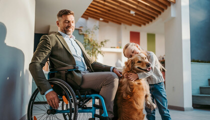 Father in wheelchair smiling while young daughter hugs golden retriever dog modern home interior warm sunlight family inclusion happiness love support accessibility togetherness