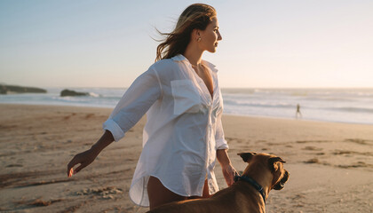 Woman in white shirt walking with dog on sandy beach at sunset, enjoying peaceful moment, wind in hair, relaxed and happy, ocean waves in background, wellness and lifestyle concept