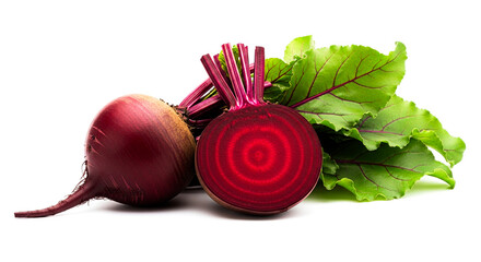 Fresh beetroot with green leaves and a sliced beet on a white background