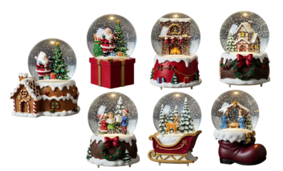 Christmas snow globes collection, glittering snowflakes