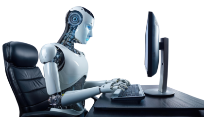 Futuristic Humanoid Robot Working at Computer - AI Office Assistant Stock Photo