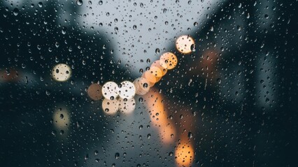 Raindrops on glass with bokeh lights create a tranquil and moody atmosphere, evoking feelings of