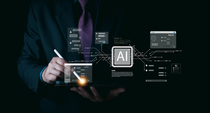 Businessman using tablet with AI chatbot interface. Artificial intelligence digital customer support concept. Smart technology for business communication and automation on dark background.