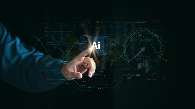 Businessman touching virtual AI icon. Future artificial intelligence technology concept with digital data background, machine learning, and global smart business network innovation.