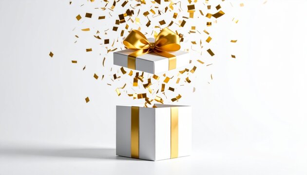 Gift Box with Gold Ribbon and Confetti Falling from Above