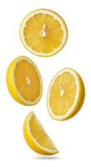 Fresh Ripe Yellow Lemon Slices And Halves Floating In Mid-Air Against A Crisp White Background Providing Excellent Citrus Flavor And Vitamin C For Healthy Lifestyle Cooking And Refreshing Be