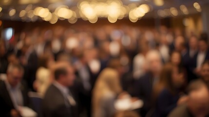 Defocused crowd of people at a formal indoor event with warm golden lights creating a festive atmosphere and elegant social gathering ambiance