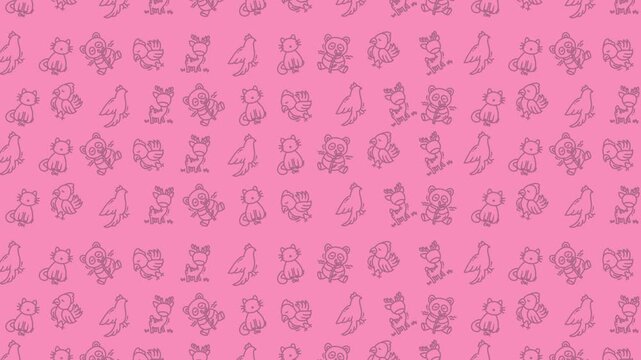 Many cartoon animal icons on pink background repeat pattern for kids products, stationery, and childrens apparel designs. Great for playful projects.