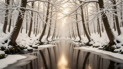 Snowy forest river with sunlight reflection