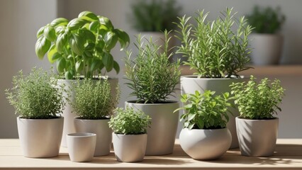Fresh Culinary Herbs Growing in Pots on a Wooden Table, Natural Light and Clean White Background