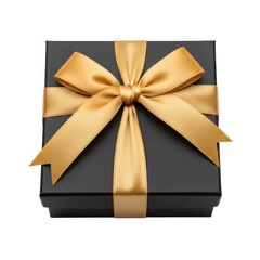 Elegant dark gray gift box with golden satin ribbon bow isolated on white background