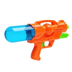 Bright orange and blue plastic water gun toy for summer fun isolated on white background