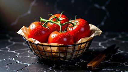 Fresh red tomatoes on vine in wire basket with water droplets