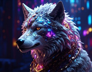 Cyberpunk wolf with glowing geometric jewels, against a colorful blurred city backdrop