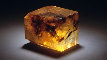 Close-up of a glowing amber crystal with dark inclusions on a dark background.