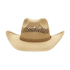 A woven straw cowboy hat with a textured band isolated on white background