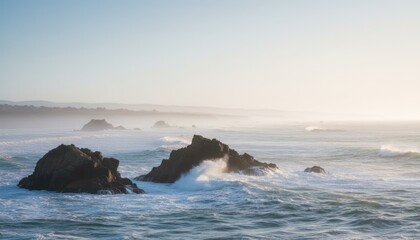 Dramatic coastal scene featuring rugged rocks and crashing waves in atmospheric light