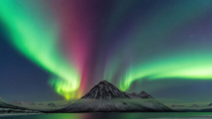 Majestic Aurora Borealis Display Over a Snowy Mountain Landscape reflecting in water