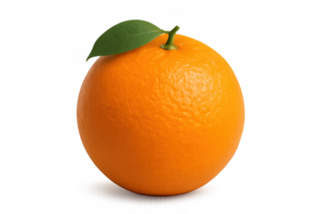 Fresh organic orange fruit with green leaf, vitamin c rich citrus, healthy food, transparent background