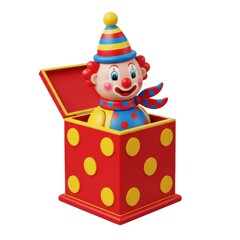Brightly colored clown toy pops out of a red polka dot box isolated on white background