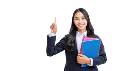 Confident Young Asian Businesswoman in Black Suit Pointing Up Holding Folders - Professional Success Stock Photo