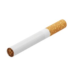 A single unlit cigarette with a brown filter tip isolated on white background