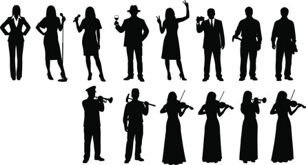 Collection of people silhouettes including business woman, singer, musician playing violin and trumpet, photographer, construction worker, and man holding wine glass, vector set © It's Majed Here