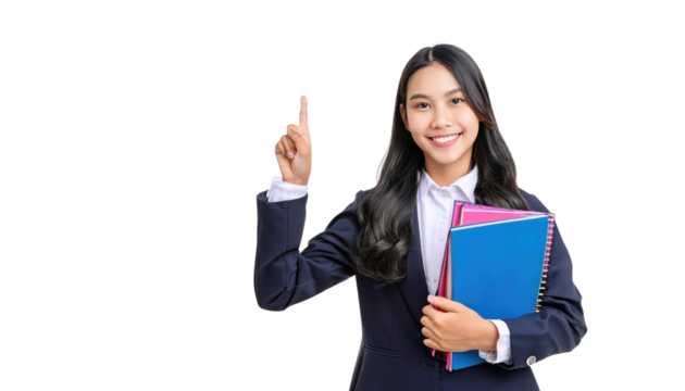 Confident Young Asian Businesswoman in Black Suit Pointing Up Holding Folders - Professional Success Stock Photo