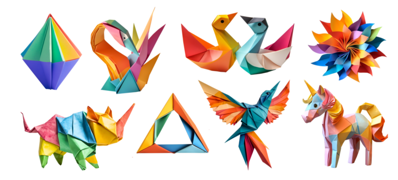 Set of paper fold colourful paper origami, unicorn, rhino swan, animal, flower, star, crane phoenix bird, on transparent cutout PNG. Many pattern. Mockup template for design	
 - Powered by Adobe