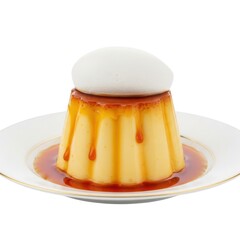Delicious creamy custard dessert with caramel sauce and whipped cream isolated on white background