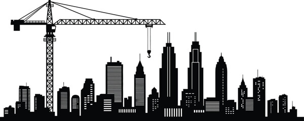 Obraz premium Construction crane silhouette over modern city skyline, building industry vector illustration of urban development and skyscrapers isolated on white background, architecture concept