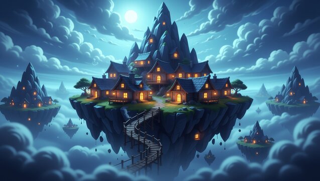 Moonlit floating island village with glowing houses