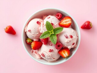 Delicious strawberry ice cream with fresh berries and mint