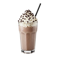 Delicious chocolate milkshake topped with whipped cream and chocolate chips isolated on white background