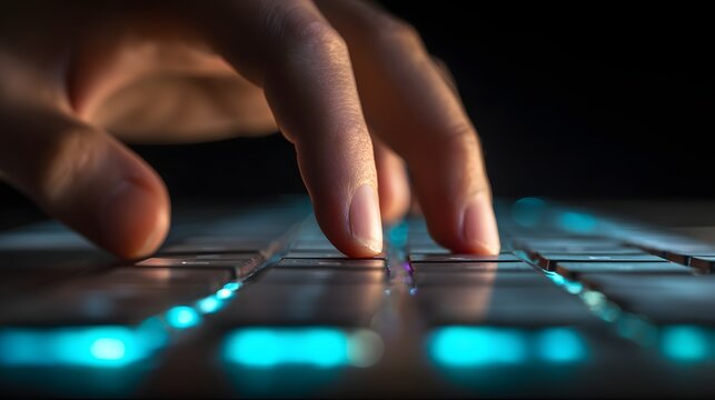 Close-up of a hand typing on a laptop keyboard with glowing blue keys in a dark setting, highlighting digital work and technology.