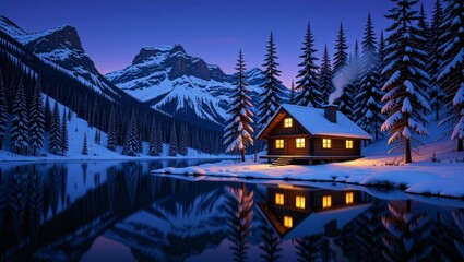 Snowy cabin by frozen lake at twilight