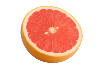 Halved red grapefruit displaying its juicy pulp and texture. This citrus fruit represents healthy eating, freshness, and natural food