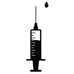 Black syringe with a drop of liquid isolated on