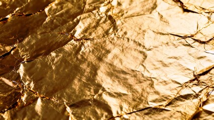 Fototapeta premium Hand-textured gold leaf foil surface with luxurious reflective tones ideal for high-end creative uses.