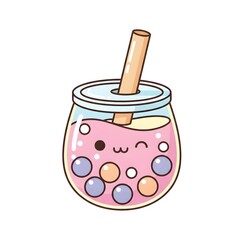 Kawaii Strawberry Boba Drink Illustration
