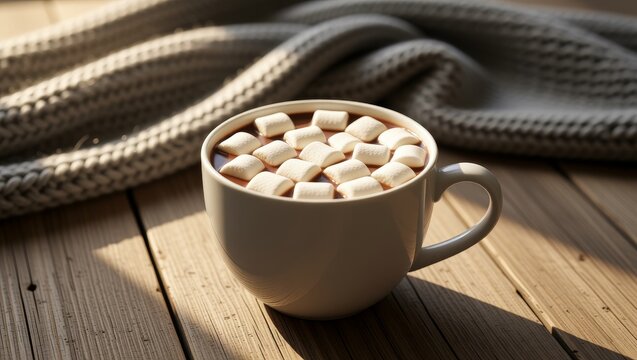 Hot chocolate with marshmallows on wooden table with blanket