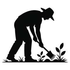 Silhouette of a farmer tending to his garden isolated on